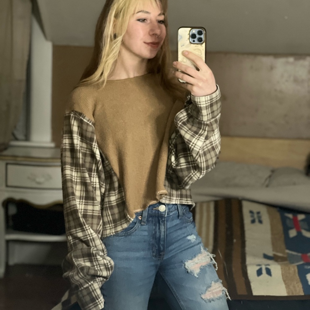 Micheal Kors Sweater x Wrangler Fleece Brown and Tan Plaid Cropped Sweater S